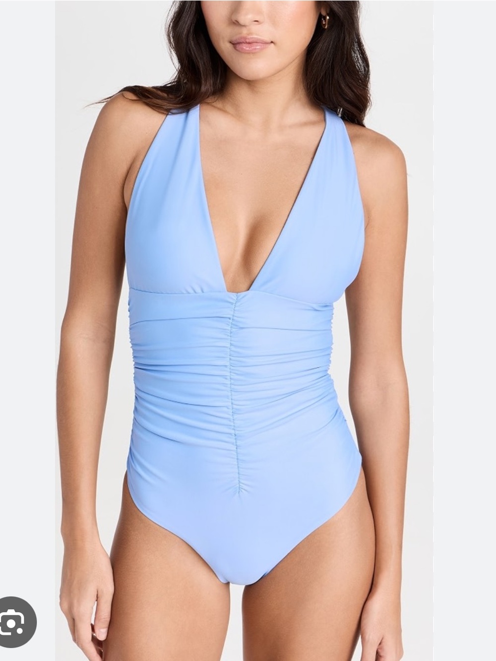 Jade Swim Capri One Piece Light Blue Ruched V-Neck Swimsuit Peri